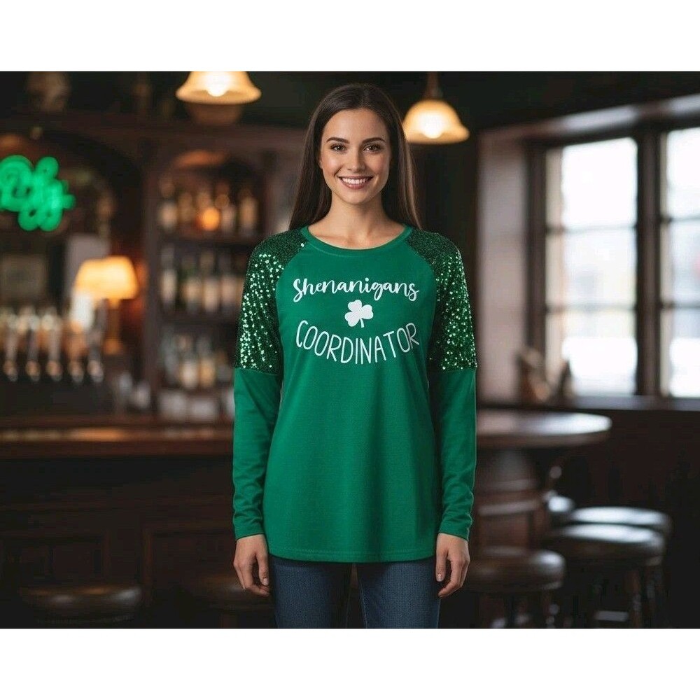 St Patricks Women's Long Sleeve Sequin Raglan Sparkle Sweatshirt Size-Small